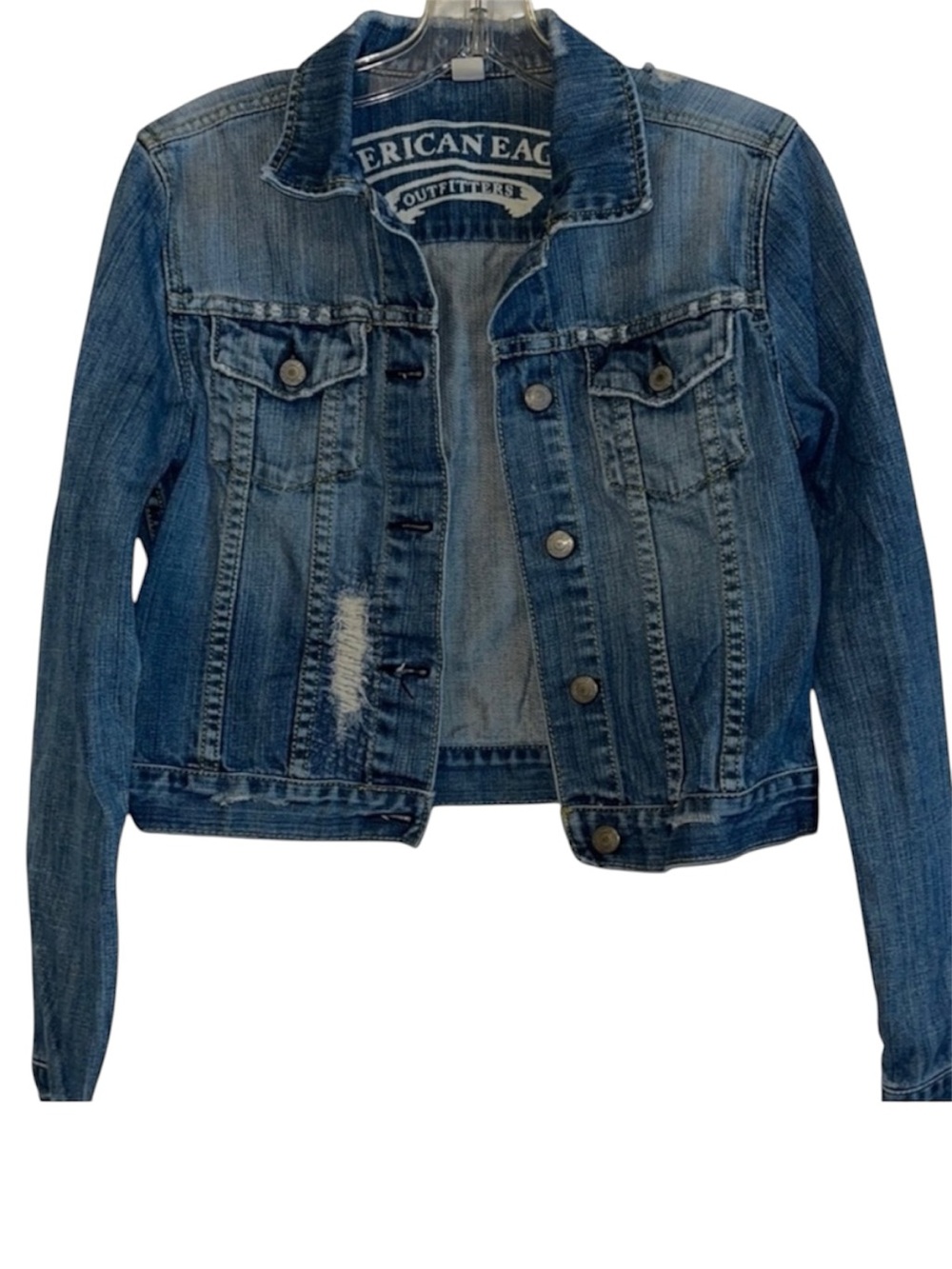 American Eagle Distressed Faded Waist Length Denim Jean Jacket, Size Medium